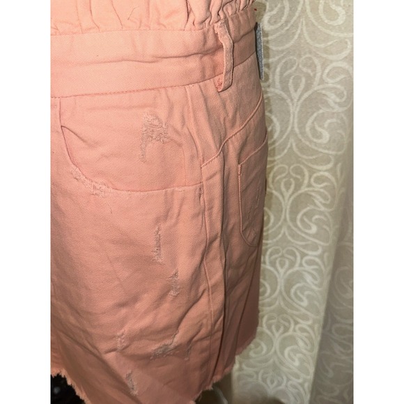 Hayden Los Angeles Pink Paperbag Waist Distressed Denim Mini Skirt L NEW - Picture 3 of 5